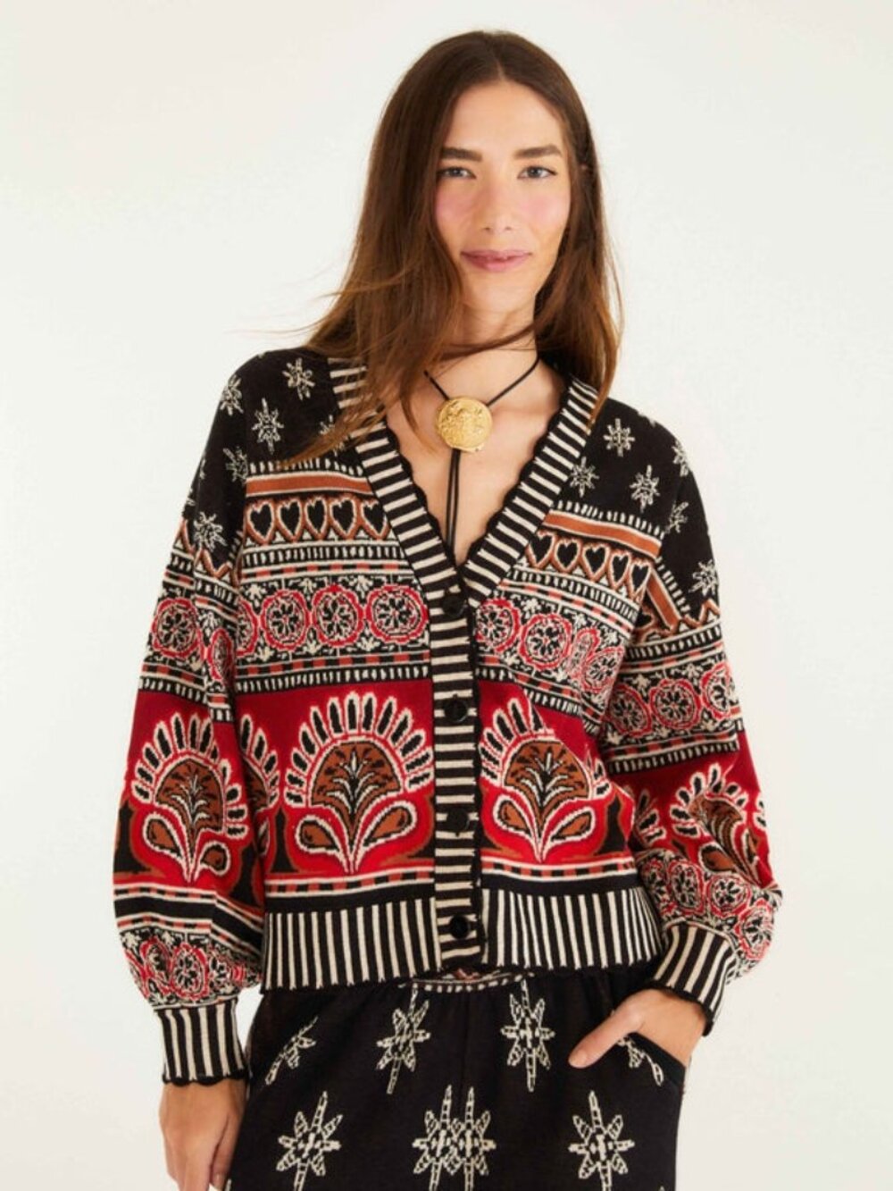 Farm Rio Black Ainika Love Coconut Groove Knit Cardigan Size L Multicolor